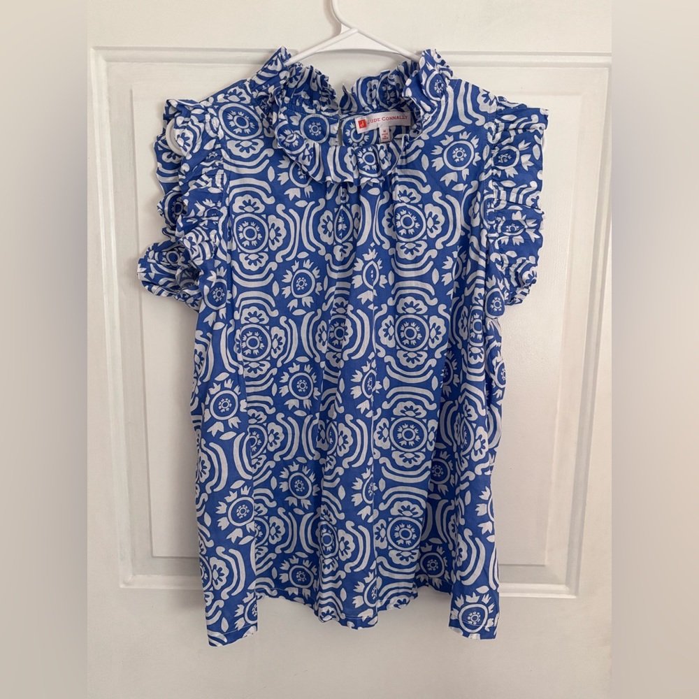 Jude Connally Blue White Floral Ruffle Neck Blouse Sleeveless Cotton Top Size M
